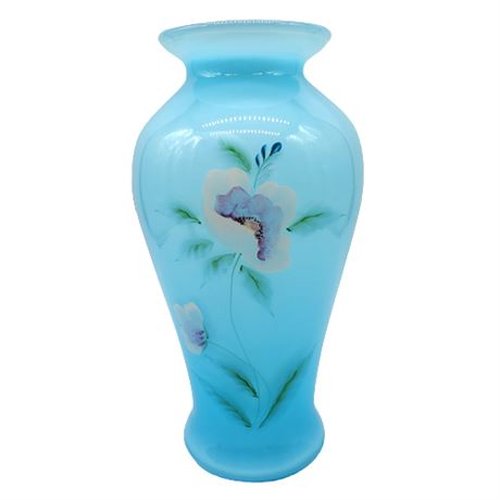 Fenton Hand Painted Aqua Glass Vase