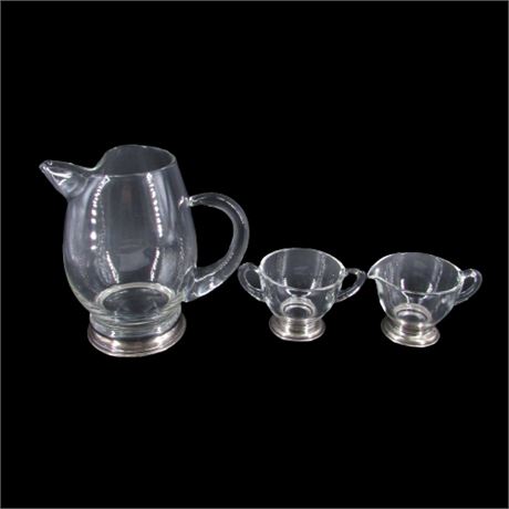 Glass Pitcher / Sugar Jar / Creamer with Sterling Silver Rims