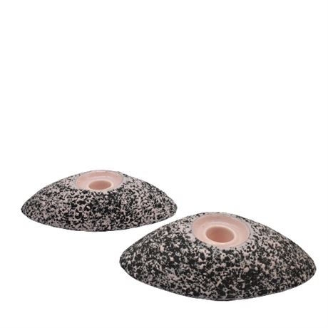 Mid-Century Kenwood Pottery Pink Black Spatter Candle Holders