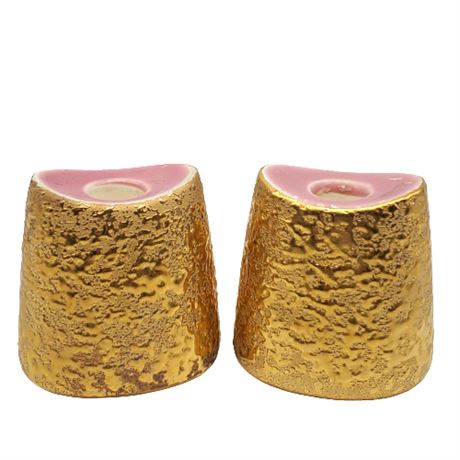 Mid-Century Weeping Bright 22k Gold Pink Candle Holders