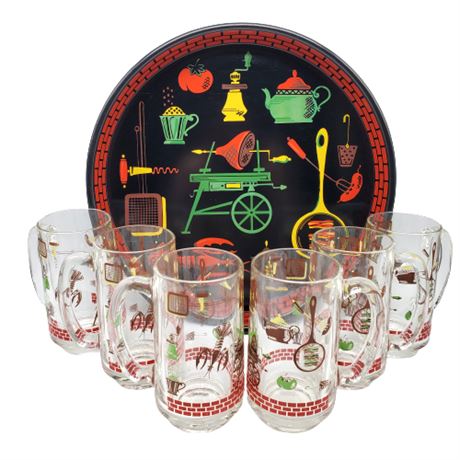 Mid-Century Americana BBQ Glasses & Tin Litho Tray Set