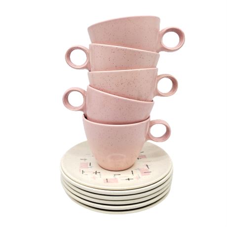 Mid-Century Vernonware "Tickled Pink" Teacups & Saucers