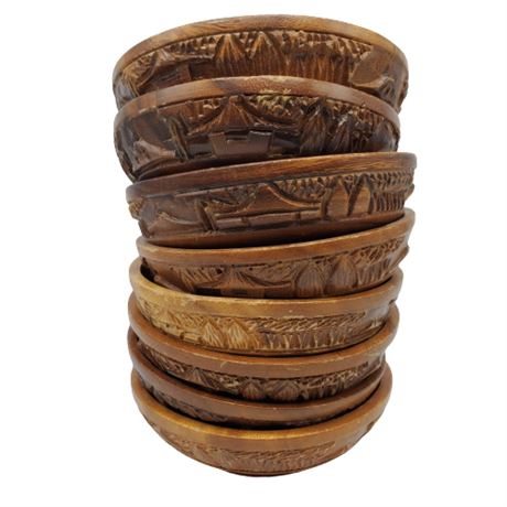 Vintage Tiki Hut Carved Wood Bowls