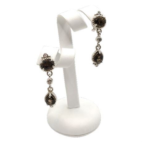 Signed Judith Ripka Sterling Silver Smoky Quartz & CZ Post Earrings