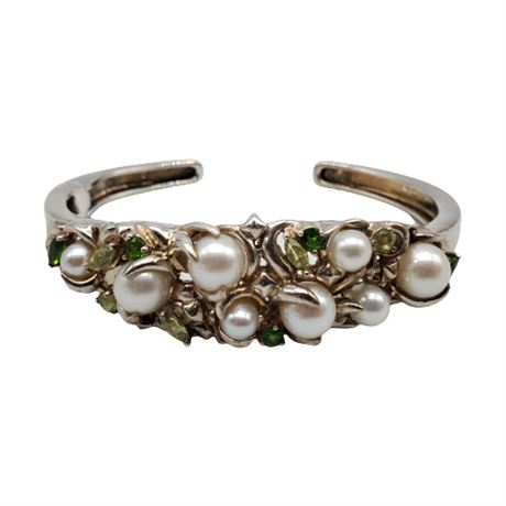 Signed Whitney Kelly Sterling Silver Genuine Pearl & Gemstone Cuff Bracelet