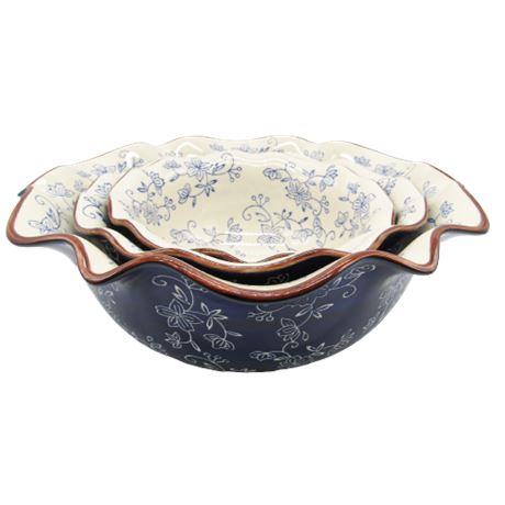 Temptations Hand Painted Floral Lace Dark Blue Mixing Bowls