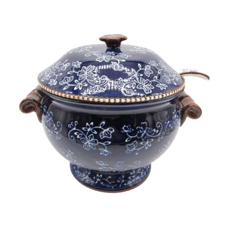Temptations Hand Painted Floral Lace Dark Blue Soup Terrine