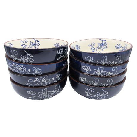 Temptations Hand Painted Floral Lace Dark Blue Cereal Bowls