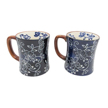 Temptations Hand Painted Floral Lace Dark Blue Coffee Mugs