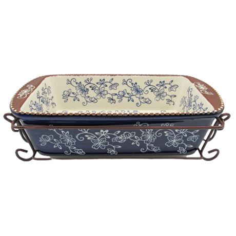 Temptations Hand Painted Floral Lace Dark Blue Bread Pan