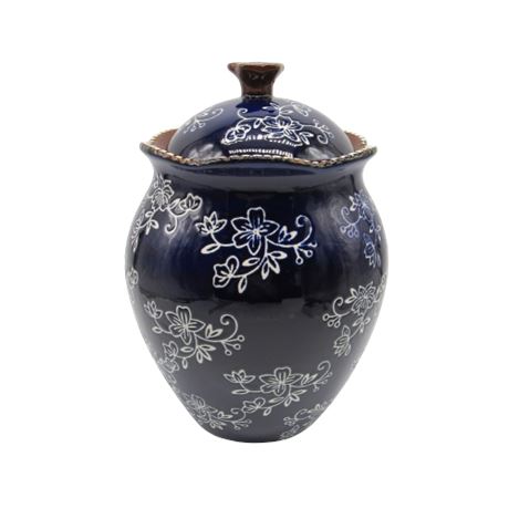 Temptations Hand Painted Floral Lace Dark Blue Cookie Jar