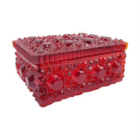 Vintage Ruby Red Cane Pattern Pressed Glass Trinket Box