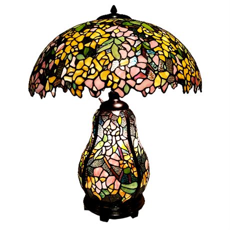 Large Tiffany Style Stained Glass Floral Table Lamp w/ Lighted Base