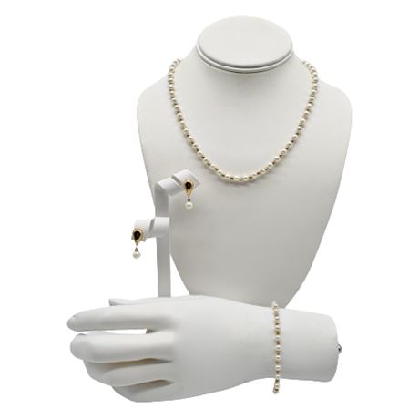 14K Gold & Genuine Pearl Necklace, Bracelet & Earrings Set