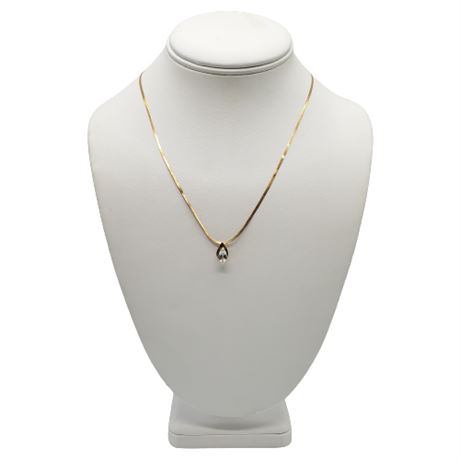 14K Gold Herringbone Chain Necklace w/ Pear Shaped Blue Gemstone Pendant