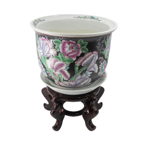 Large Floral Ceramic Vase w/ Stand