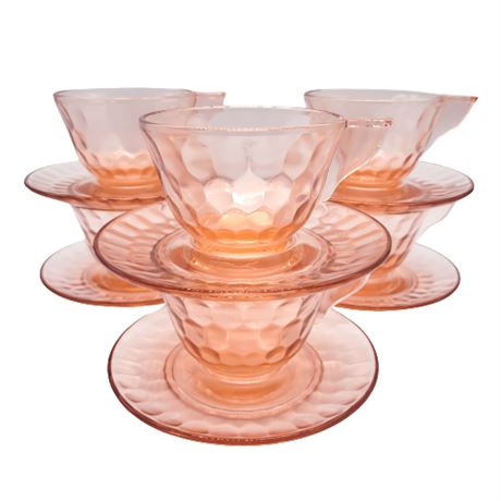 Vintage Jeanette Glass Hex Optic Pink Cups & Saucers