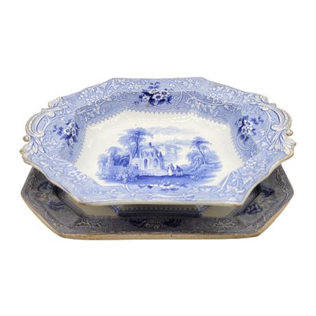 Vintage Adams Ironstone Navarino Platter & Columbia Pedestal Bowl