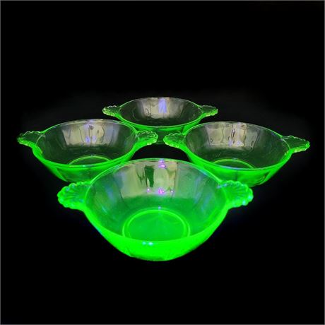 Vintage Anchor Hocking Uranium Glass Handled Fruit Bowls