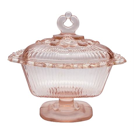 Vintage Indiana Glass Lace Edge Pink Depression Glass Footed Candy Box w/ Lid