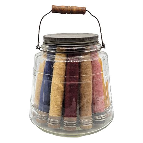 Antique Wood Bobbin Spools in Glass Jar