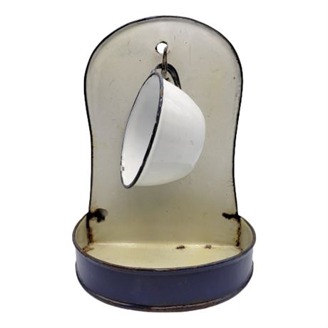 Antique Enamelware Wall Mount Shave Stand w/ Cup