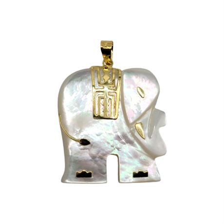 14K Gold Signed Mother of Pearl Elephant Pendant