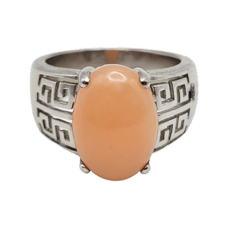 Sterling Silver Peach Stone Signed Greek Key Ring