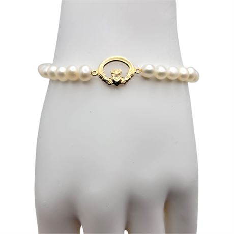 14K Gold Claddagh Freshwater Pearl Bracelet
