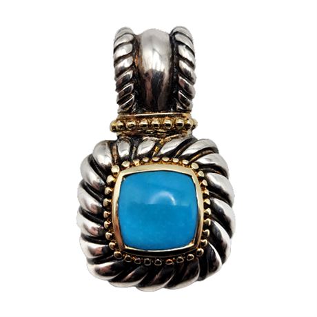 14K Gold Sterling Silver & Turquoise Signed Cable Pendant