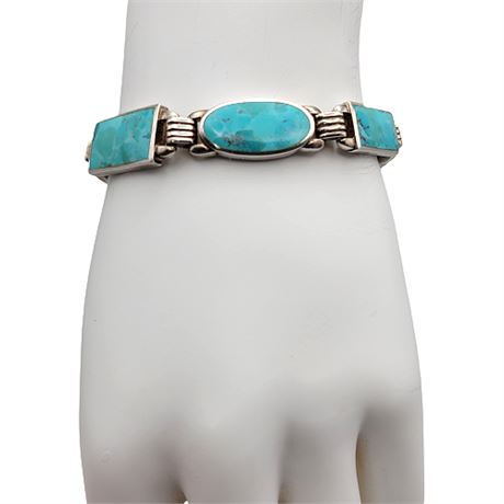 Sterling Silver & Turquoise Signed Link Bracelet