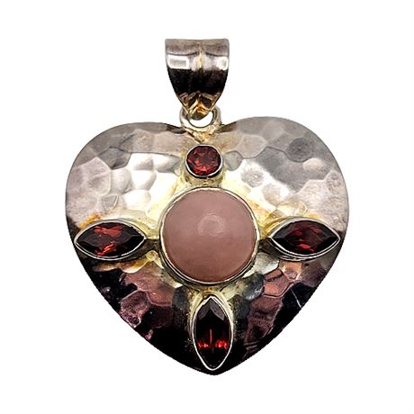 Sterling Silver Garnet Rose Quartz Signed Heart Pendant