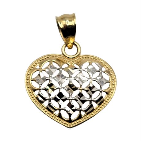 14K Gold Signed Two Color Filigree Heart Pendant