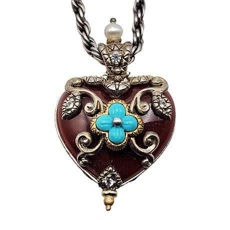 Barbara Bixby 18K Gold Sterling Silver Carnelian Heart Pendant w/ Diamonds