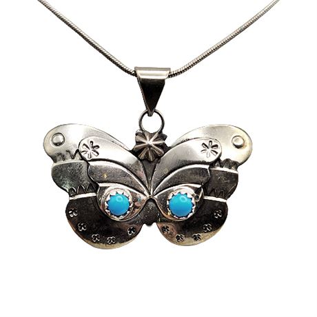 Running Bear Sterling Silver Turquoise Butterfly Pendant Necklace