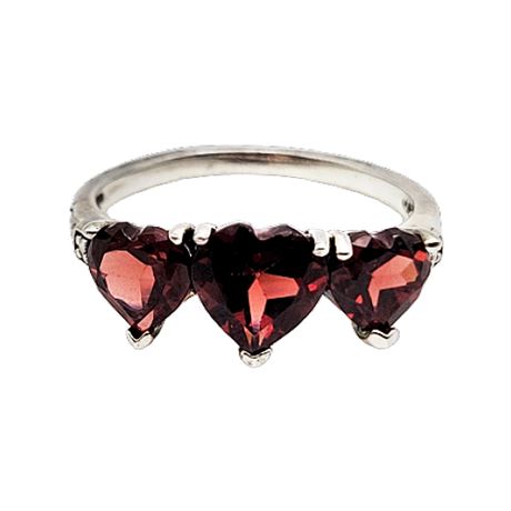 Sterling Silver Garnet Triple Heart Signed Ring