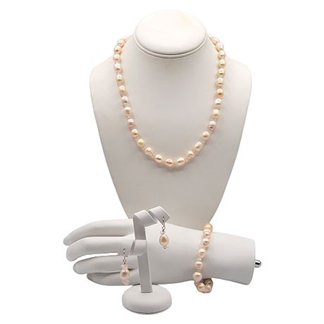 Pink Freshwater Pearl Necklace Bracelet & Earrings Set