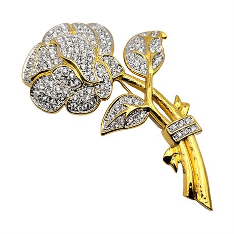 Nolan Miller Large Gold Tone Rhinestone Rose Brooch