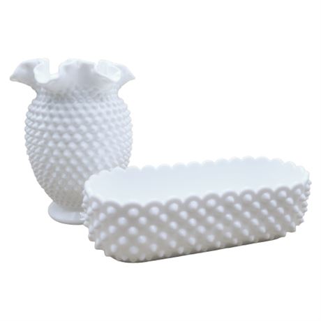 Fenton Hobnail Milk Glass Double Crimped Vase & Oblong Planter