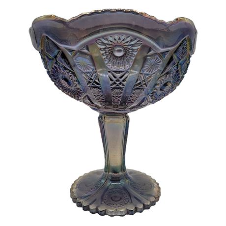 Imperial Glass Daisy & Button Smoke Blue Iridescent Carnival Glass Compote