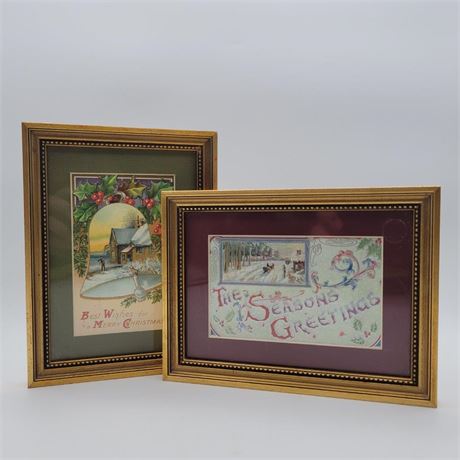 Pair Framed Antique Christmas Postcards