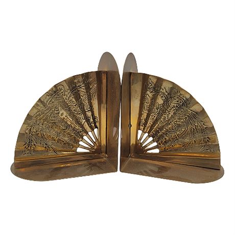 Vintage Brass Fan Bookends w/ Bird Design