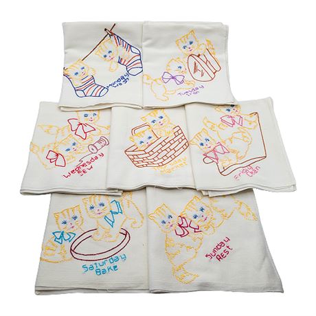 Hand Embroidered Cat Days-Of-The-Week Tea Towels