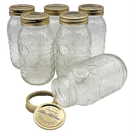 6 Longaberger Blue Ribbon One Quart Canning Jars (Set 1 of 2)