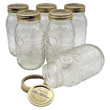 6 Longaberger Blue Ribbon One Quart Canning Jars (Set 2 of 2)