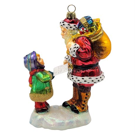 "Santa w Girl Holding Letter" Platinum Polonaise Collection Blown Glass Ornament