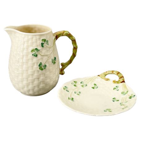 Belleek Pottery "Basket Weave" Creamer & Butter Dish