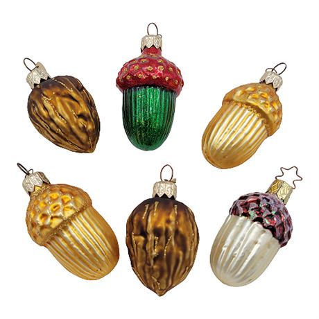 Vintage Acorns & Nuts Hand Painted Blown Glass Ornaments
