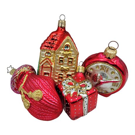 Vintage Red & Gold Hand Painted Blown Glass Ornaments