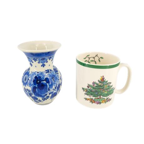 Blue Floral Delft Vase / Spode Christmas Tree Mug